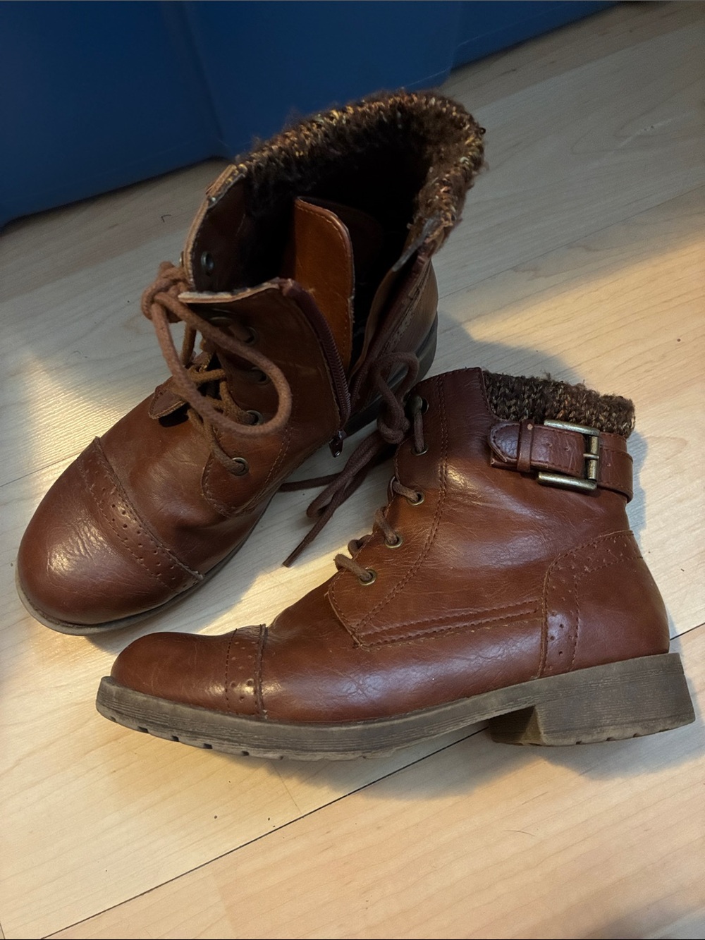 Brown Faux-Leather Lace-Up Ankle Boots with Knit Collar